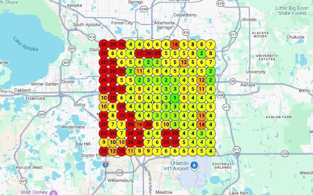 Baseline 13×13 Google Maps rank grid for fence contractor across Orlando