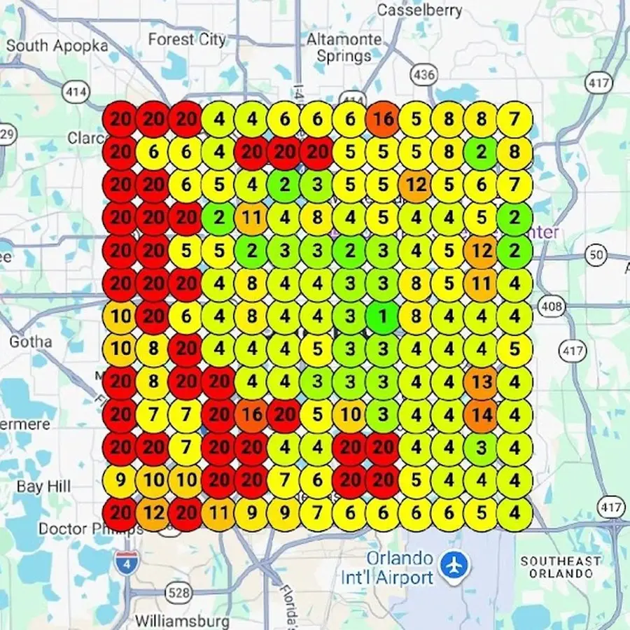 All County Fence Google Maps rank grid before — average rank 8.76