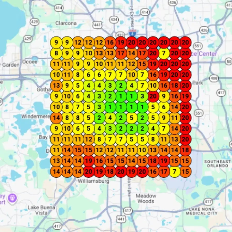 Orlando print shop rank map after: ranking across most of Orlando, avg rank 6