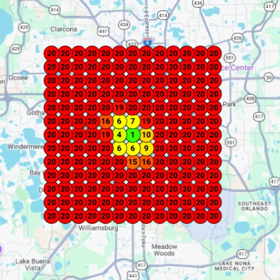 Orlando print shop rank map before: ranking only in a small ring around the shop, avg rank 56