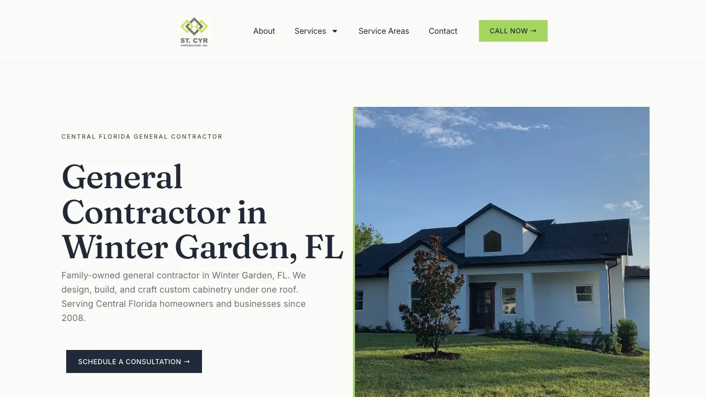 St. Cyr Contracting homepage, built by DropShadow