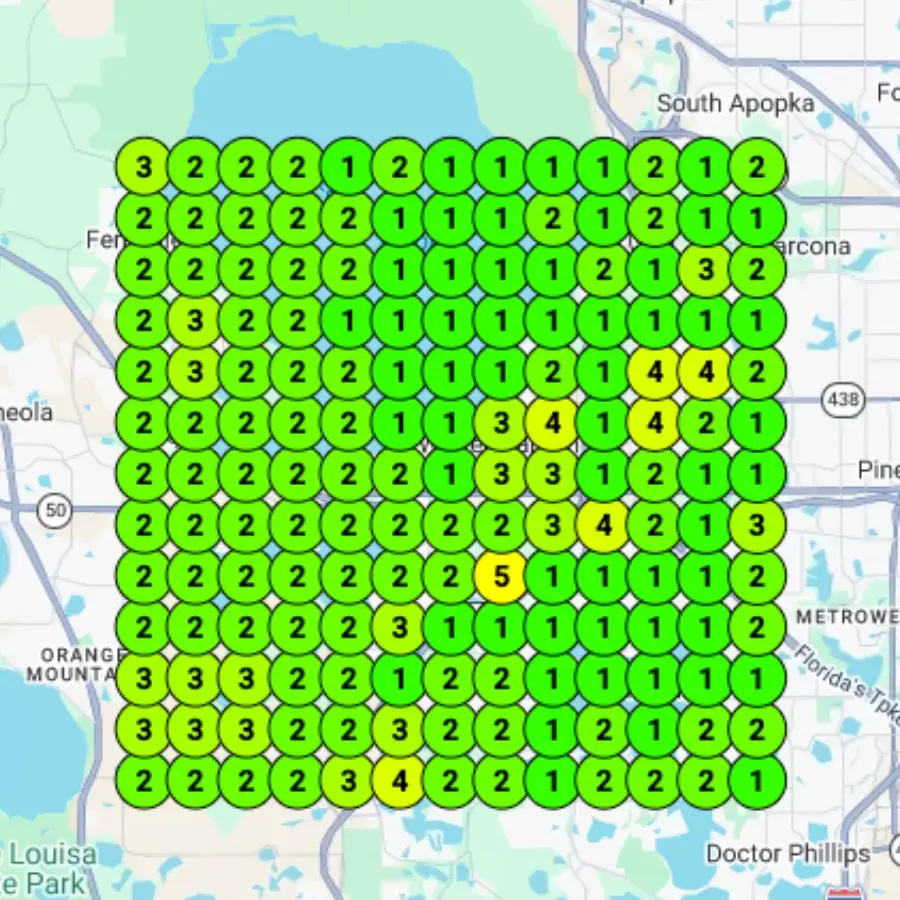 Winter Garden general contractor rank map after 60 days: nearly every point ranking 1 to 3
