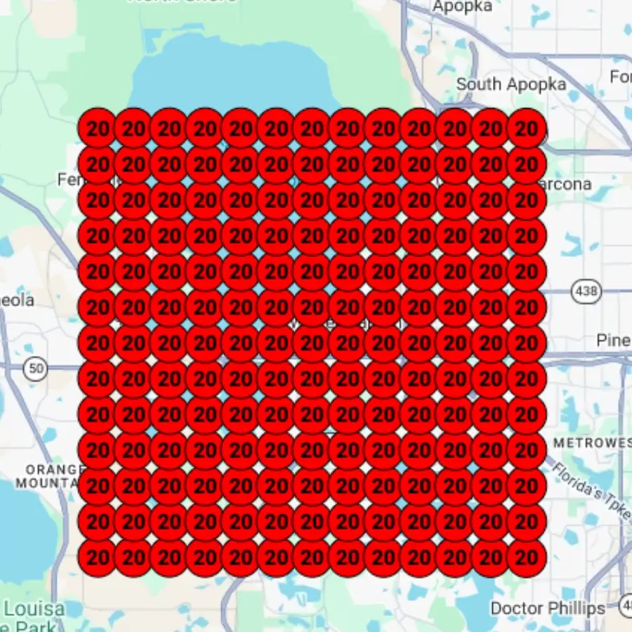 Winter Garden general contractor rank map before: every grid point unranked, avg rank 61